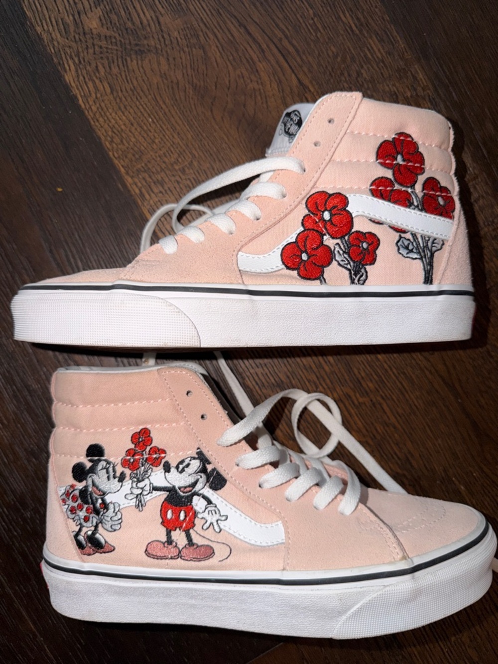 Vans Pink Suede High-Top Sneakers with Red Floral & Mickey Art